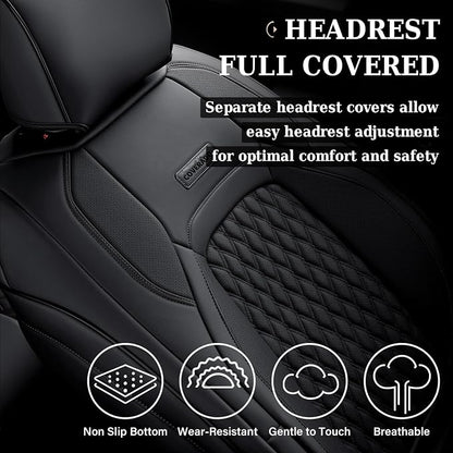 Coverado Custom Fit Front Seat Covers for Chevy Silverado/GMC Sierra 2007-2025 1500, 2015-2025 2500HD 3500HD Crew/Double/Extended Cab – Faux Waterproof Leather (Black) - Image 4