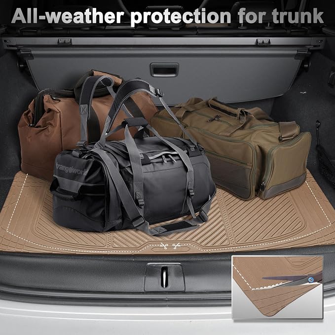 CAR PASS Universal Car Floor Mats & Cargo Liner Full Set, Waterproof Anti-Slip Rubber Trim to Fit Trunk Mats All Weather Protection Fit Car SUV Sedan Coupe Vehicle Automotive 5 Pieces, S-M Size Beige - Image 6