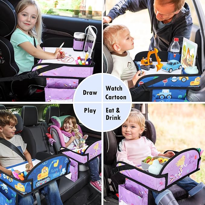 Kids Travel Tray for Toddler Car Seat, Road Trip Activities for Kid | Dry Erase Board, iPad Holder Stand, Adjustable Straps to Prevent Shaking, Multi-Pockets, 2PC(Dark Blue Car/Purple Mermaid) - Image 3