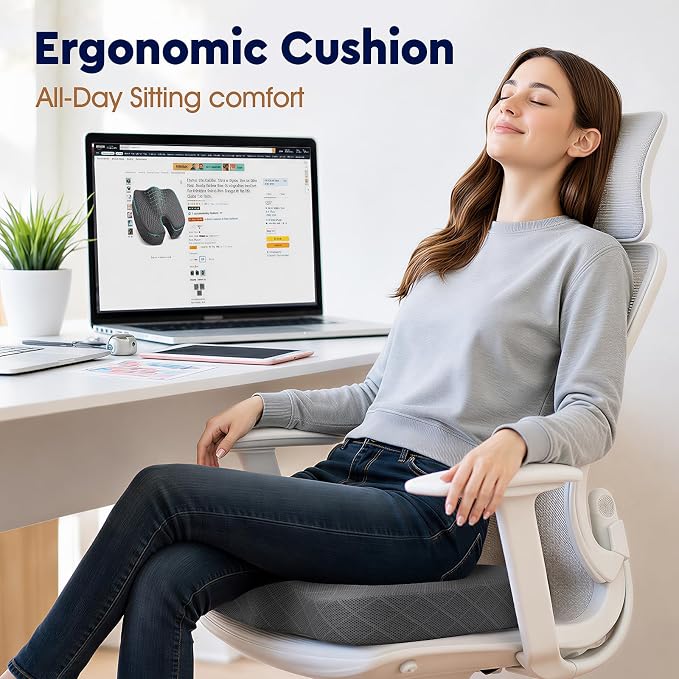 Seat Cushion - Memory Foam Sitting Pillow for Office Chair, Car Seat, Airplane, Bleacher - Sciatica & Hip & Coccyx Pain Relief Desk Chair Cushion for Long Sitting Office Workers, Car Drivers | for Car Seat, Airplane, Desk Chair - Sciatica & Hip & Coccy... - Image 4