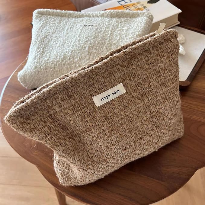 RSRSLEII Travel Woven Woolen Makeup Bag, Vintage Toiletry Bag(04Brown Wool) | Aesthetic Portable Cosmetic Bag with Zipper, Cute Makeup Pouch with Canvas Lining, Car Storage Bag for Women and Girls - Image 5