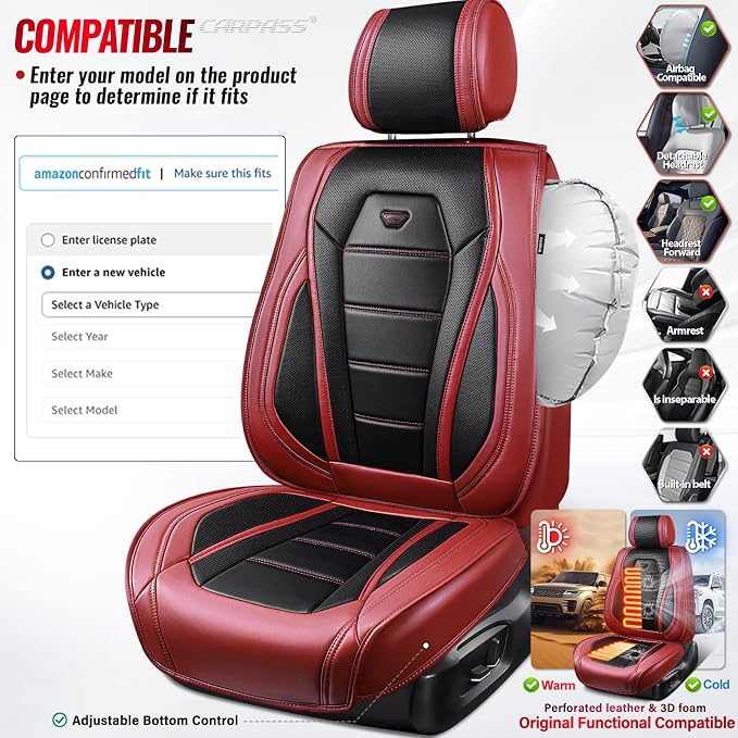CAR PASS Nappa Leather Car Seat Covers Full Set Faux Leather, Black Red | Luxury Nappa Leather,360° Full Protection,Water resistant,3D Foam Comfort,Universal Fit for Most Cars SUV Truck,Scratch proof - Image 6