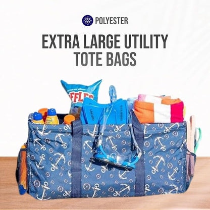 Extra Large Utility Tote Bag - Oversized Collapsible Reusable Wire Frame Rectangular Canvas Basket With Two Exterior Pockets For Beach, Pool, Laundry, Car Trunk, Storage - Anchor - Image 7
