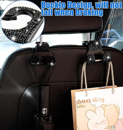 Bling Car Purse Hooks 2Pcs, Rhinestones Car Headrest Hook Backseat | Double Hooks,Holds 44Lbs,Wide Opening,Durable Nylon,Car Seat Hook,Purse Holder,Bling Car Accessories for Women,Black - Image 3