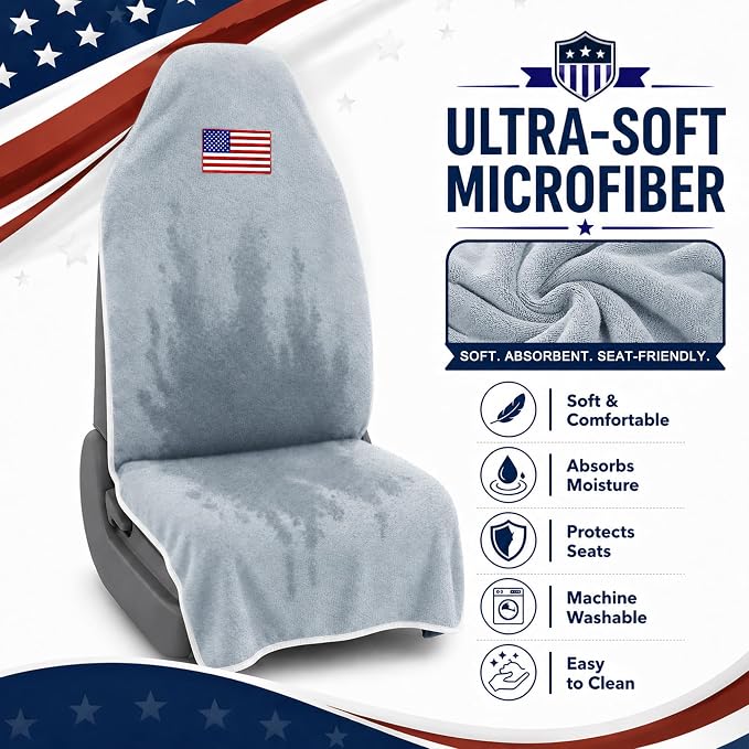 Car Seat Towel Cover, Sweat-Proof & Absorbent Microfiber Seat Protector for Gym, Workout & Beach, Universal Fit for Most Cars, SUVs & Trucks, 59"x29", Silver Gray Flag (1 Pc) - Image 7