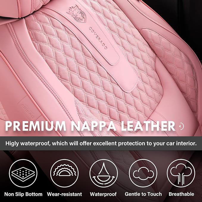 Coverado Seat Covers Full Set, Pink Car Seat Covers, Waterproof Car Seat Cover with Lumbar Support, Leather Car Seat Cushion Protector, Car Seat Covers Universal Fit Most Cars - Image 5