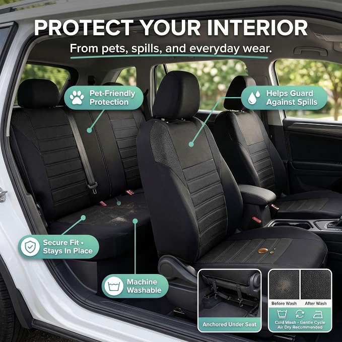 FH Group Automotive Car Seat Covers Full Set Premium 3D Air Mesh Front Seat Covers, Airbag Compatible & Split Bench Cover Universal Fit Interior Accessories for Cars Trucks and SUVs - Black - Image 6