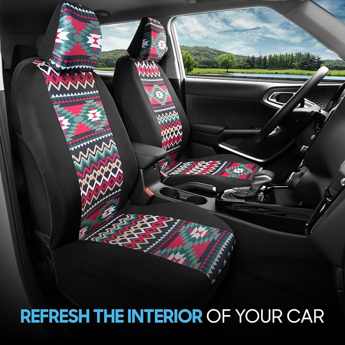 BDK Pink Inca Car Seat Covers for Front Seats, 2 Pack– Geometric Print Front Seat Cover Set with Matching Headrest, Sideless Design for Easy Installation, Universal Fit for Car Truck Van and SUV - Image 2
