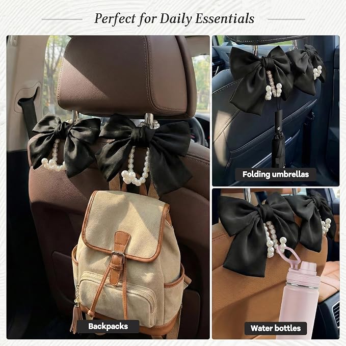 2PCS Satin Bow Pearl Car Seat Headrest Hooks – Car Bag Holder & Vehicle Hanger for Purses – Cute Coquette Aesthetic Interior Decoration – Cute Auto Organizer Accessories Universal (Black) - Image 4