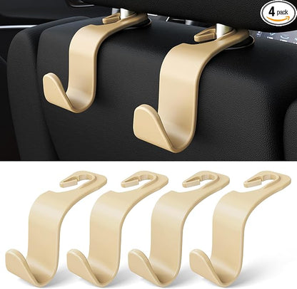 Amooca Car Seat Headrest Hooks 4-Pack Storage Organizer Holds 55 lbs | Universal Fit Most Car/SUV/Truck, Anti-drop, Hanger for Backpack Umbrella Water Bottle Coat Purses Handbags Groceries, Beige by Amooca