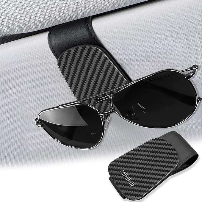 T-carbon Sunglass Holder for Car Sun Visor | Magnetic Leather Glasses Holder,Carbon Fiber Sunglasses Holder and Ticket Card Clip, Car Visor Accessories,Matte Black by adisseminatorofcarbonfiberaestheticsamanufacturerofcarbonfiberproducts