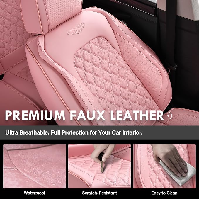 Coverado Front Seat Covers, Luxury Faux Leather Breathable Waterproof Protectors, Universal Fit for Cars, SUVs, Trucks, Durable Car Seat Protectors, Waterproof Car Cushions – Pink - Image 5
