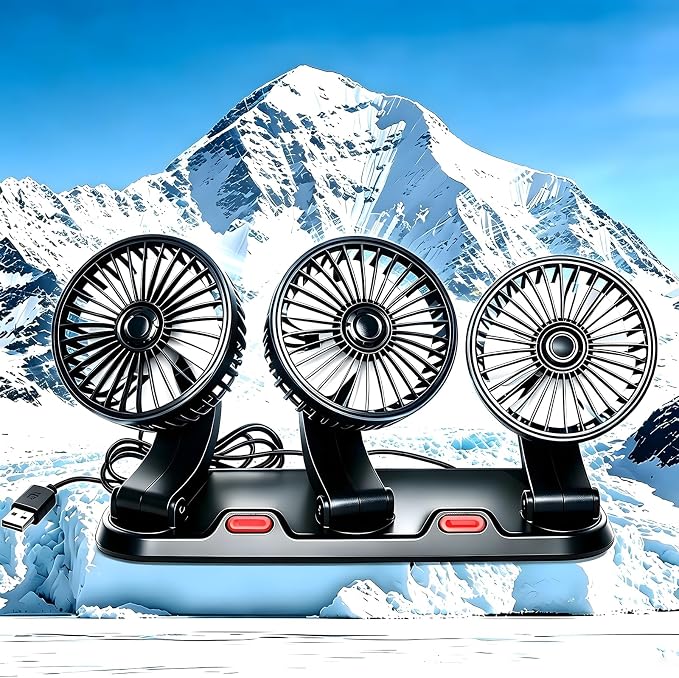 5V USB Car Fan, 3-Head 360° Rotating Dashboard Fan | Ideal for cars with broken AC. 2-Speed Quiet. Multi-Scenario: Sedans, SUVs, Pickups, Office, Camping. USB portable. by Unknown
