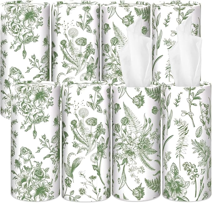 Zonon 8 Pcs Car Tissues Holder Sage Green Floral Round Box with Facial Tissue Bulk Flower Car Tissues Cylinder with 50 Sheets Face Towel Fit for Fall Cube Box Vintage Round Tubes Cup Holder Container by Zonon