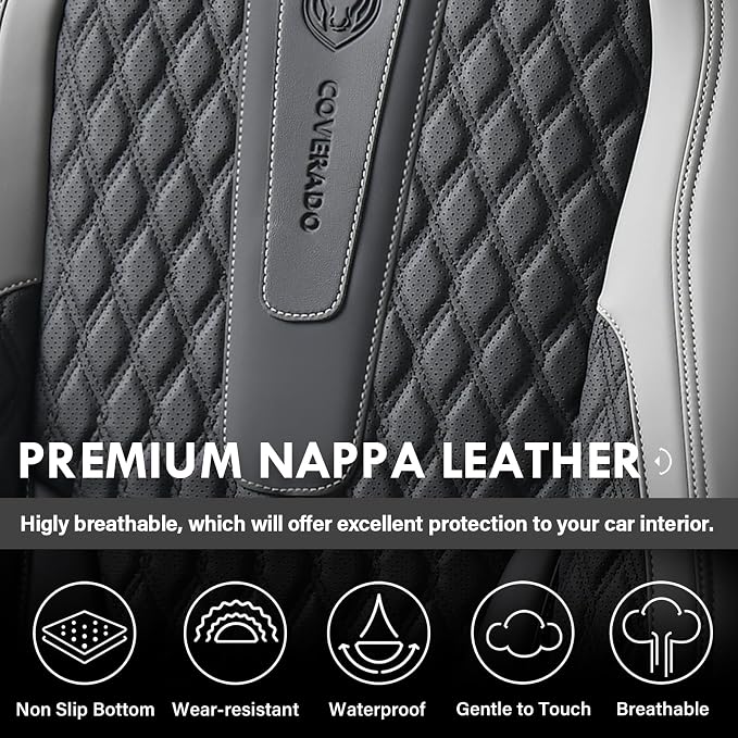 Coverado Front Seat Covers, Nappa Leather Seat Covers for Cars, Waterproof Seat Covers with Lumbar Support Universal Fit for Most Cars SUV Trucks (Front, Black-Gray) - Image 4