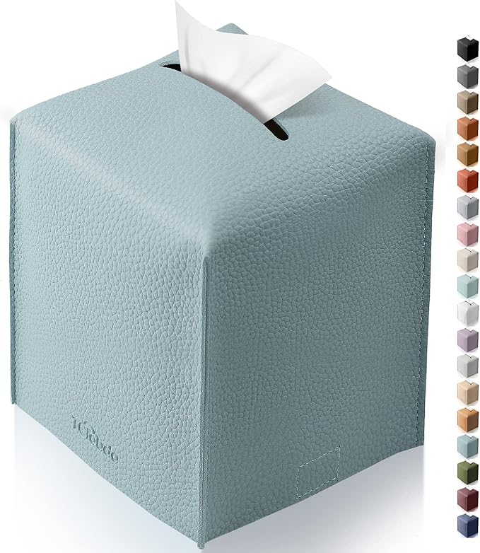 Tissue Box Cover for PU Leather, Modern Simple Solid Color Holder Square Tissue Bag, Ideal for Bathrooms,Office,Car,Nightstand,Outdoor Tent,Dining Table,5"X5"X5", Single Blue by Tclouda