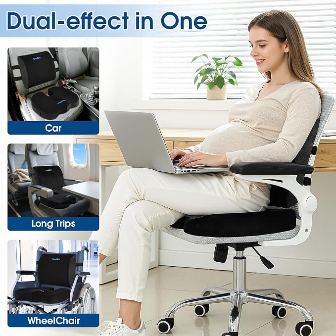 CloudBliss Ergonomic Seat Cushion & Lumbar Support Pillow Set, Black,Large | Back Pain & Sciatica Relief, Memory Foam Support, Adjustable Straps, Machine Washable Velvet, Perfect for Office, Car, Gaming - Image 7