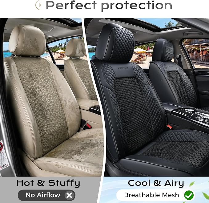 Coverado Seat Covers Full Set, 5 Seats Universal Seat Covers for Cars, Black Car Seat Covers Front Seats Back Seat Cover, Breathable Car Seat Cushion, Leather Seat Cover Seat Protector Fit Most Cars - Image 3