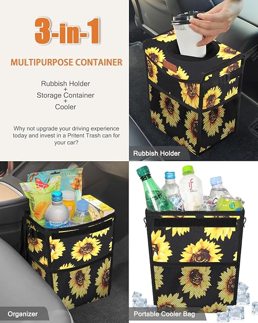Pritent Car Trash Can with Lid Leakproof Car Garbage Bag Vehicle Trash Bin | Hanging Automotive Garbage Can,Multipurpose Car Accessories for Women Interior Car Storage Organizer(2 Gal,Black Sunflower) - Image 5