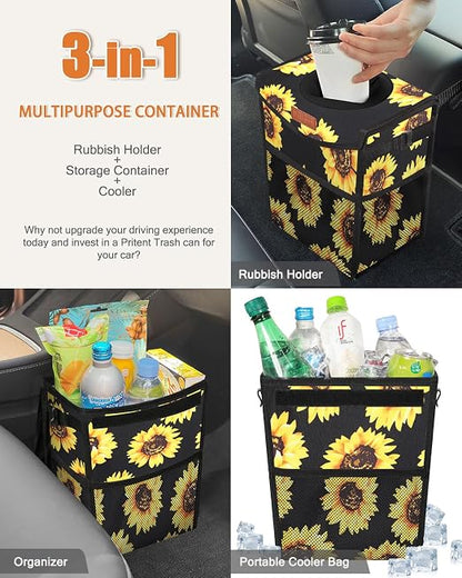 Pritent Car Trash Can with Lid Leakproof Car Garbage Bag Vehicle Trash Bin | Hanging Automotive Garbage Can,Multipurpose Car Accessories for Women Interior Car Storage Organizer(2 Gal,Black Sunflower) - Image 5