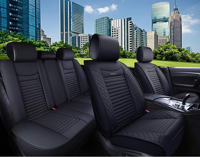 5 Car Seat Covers Full Set Waterproof Leather, Black | Compatible with Nissan Honda Civic CRV Hrv Kia Sorento Toyota Corolla 4Runner Camry Hyundai Jeep Ford Focus Edge Mazda - Image 2