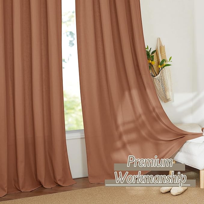 RYB HOME Linen Sheer Curtains 2 Panels for Living Room, Semi Transparent Privacy Drapes with Rod Pocket Farmhouse Style Window Treatments for Bedroom, Brunt Orange, 52" W x 95" L - Image 5