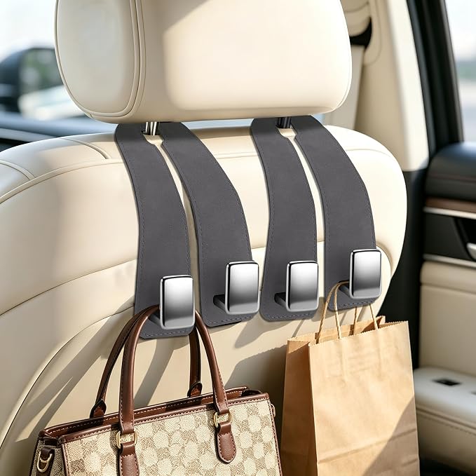 Amooca Car Headrest Hooks 4-Pack Suede Seat Organizer with Metal Core | Universal Fit, Double-hook Design, Backseat Storage for Backpack Umbrella Water Bottle Coat Purses Handbags Groceries, Gray - Image 2