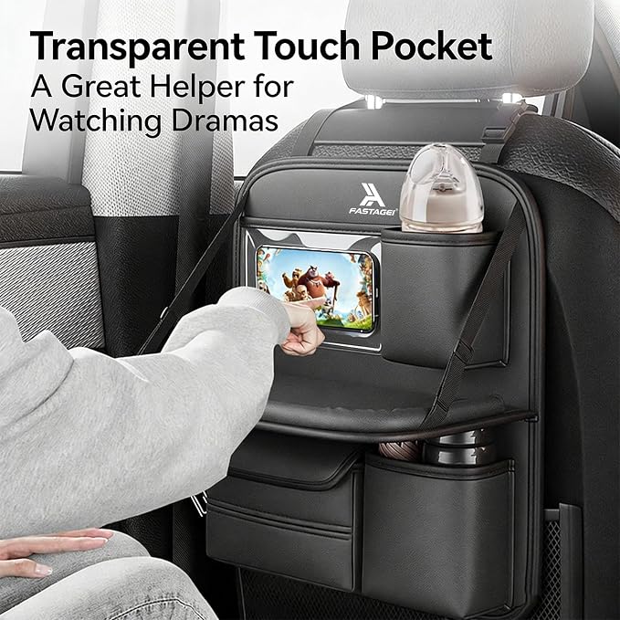 2 Pack Universal Premium Leather Foldable Car Backseat Organizer with Table Tray, Seat Back Protector with Touch Screen Pad Phone Holder, Car Storage Pockets Tissue Box with School Bags Hooks - Image 3