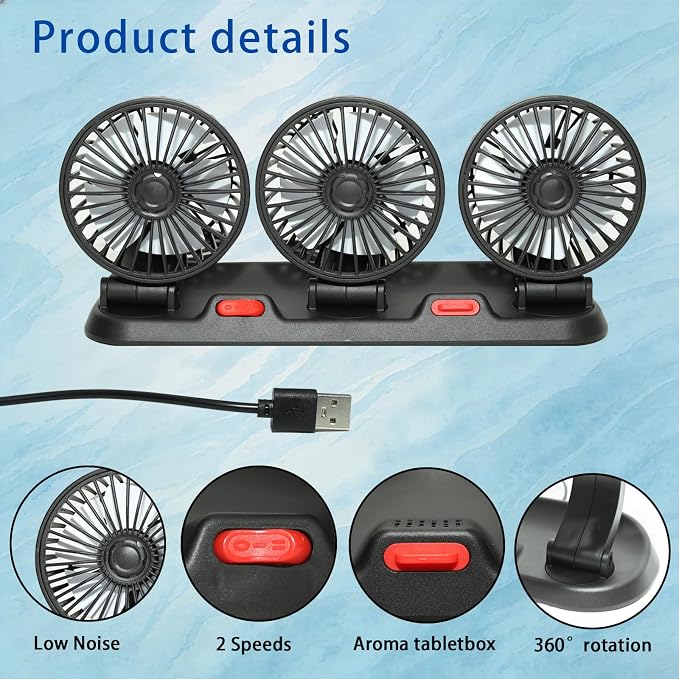Portable 3-Head Car Cooling Fan-360°Rotation,2 Speeds, Dashboard Fans for SUV/RV/Truck/Sedan/Office,USB Powered (3-Head 5V) - Image 7