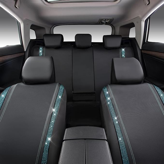 CAR PASS Bling Car Seat Covers Full Set, Shining Rhinestone Diamond Waterproof Faux Leather Universal Fit 95% Automotive Glitter Crystal Sparkle Strips for Cute Women Girl, Full Set (Mint Diamond) - Image 8