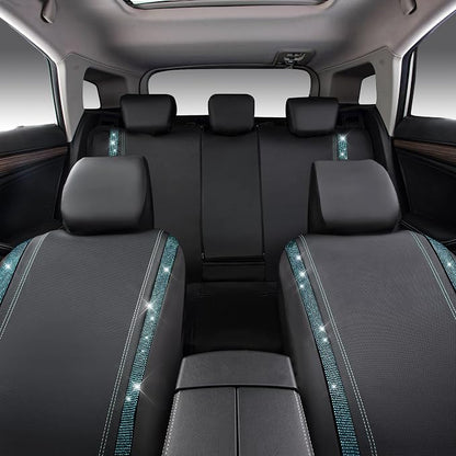 CAR PASS Bling Car Seat Covers Full Set, Shining Rhinestone Diamond Waterproof Faux Leather Universal Fit 95% Automotive Glitter Crystal Sparkle Strips for Cute Women Girl, Full Set (Mint Diamond) - Image 8