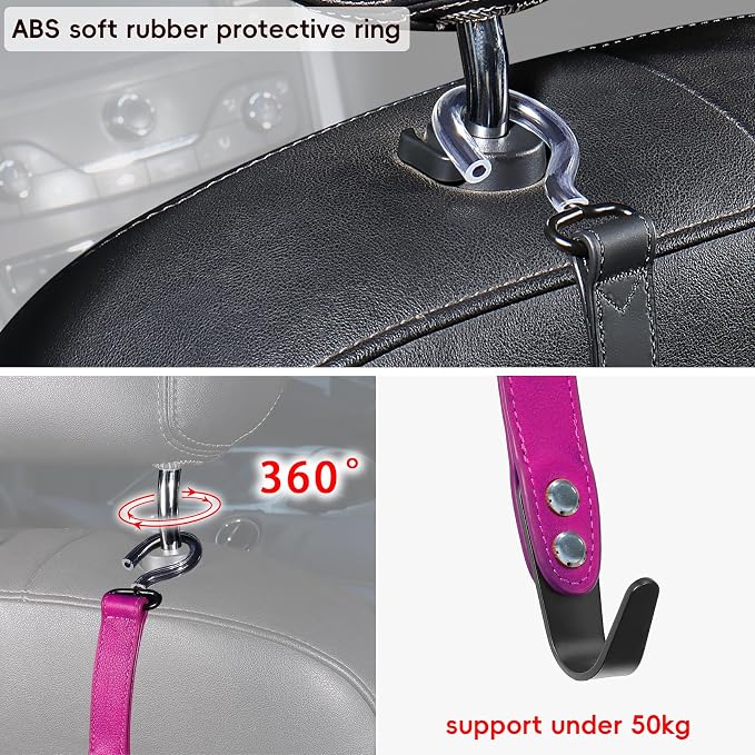 2 Pack Car Hook Holder Leather Headrest Hooks for Purses and Bags,SUS304 Car Hook(Rose Red) - Image 5