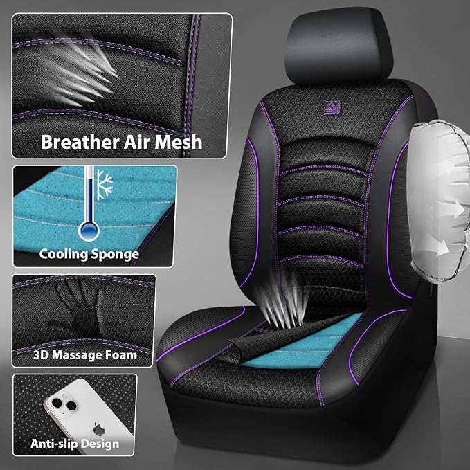 CAR PASS Comfortable 3D Foam Mesh Leather Car Seat Covers Front, Air Cool Mesh Breathable Front Seat Covers for Car, Universal for SUV Truck Sedan Automotive, Airbag Compatible,Black Purple - Image 2