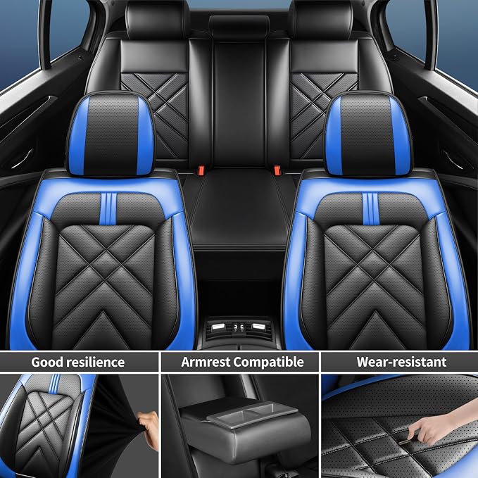 K4 Car Seat Covers Custom Fit for KIA K4 2025 2026, Premium Full Coverage Leather Automotive Seat Protectors, All Seasons Waterproof Breathable, Airbag Compatible, Full Set Seats, Black-Blue - Image 4