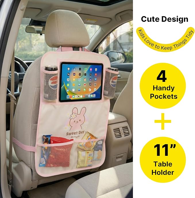 Backseat Car Organizer for Kids, Car Seat Organizer with 11” Touch Screen Tablet Holder, Rear Seat Storage Bag with Drink Pockets, Anti-Kick Seat Back Protector for Travel (Pink Rabbit) - Image 5