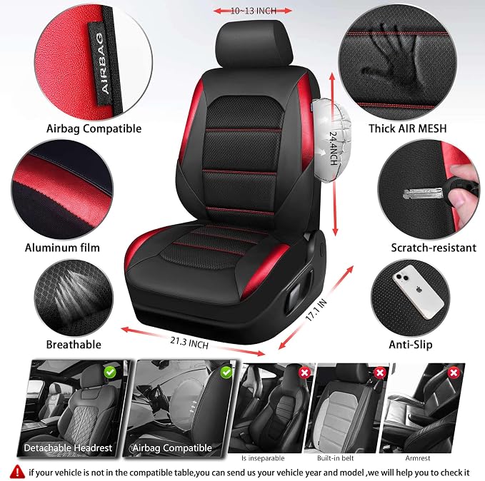 CAR PASS Memory 3D Foam Car Seat Covers Full Set, Breathable Mesh Thick Seat Covers for Car, Red Metal Film Leather Seat Covers, Universal Automotive Comfort for SUVs Trucks, Black Red - Image 5