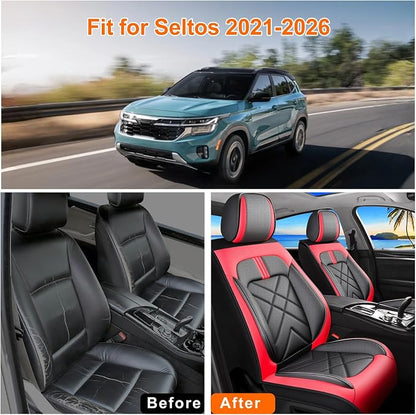 Seltos Car Seat Covers Custom Fit for Kia Seltos 2021-2026, Full Coverage Leather Waterproof Breathable Seat Covers Full Set, Automotive Seat Protectors, Airbag Compatible(5 Seats, Red & Black) - Image 5