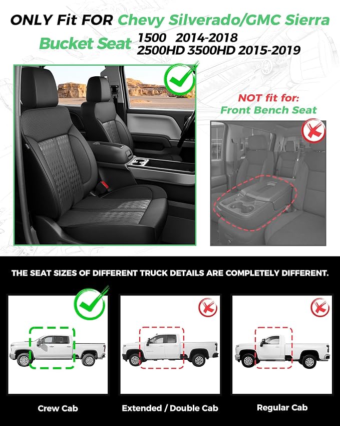 RIDEPOSH Custom Fit Seat Covers for Sierra/Silverado 1500 2014-2018 CrewCab | Fits 2500/3500HD 2015-2020, no Rear Armrest/Seatback Storage, Faux leather, Protective, Scratch-resistant, Easy-clean - Image 2