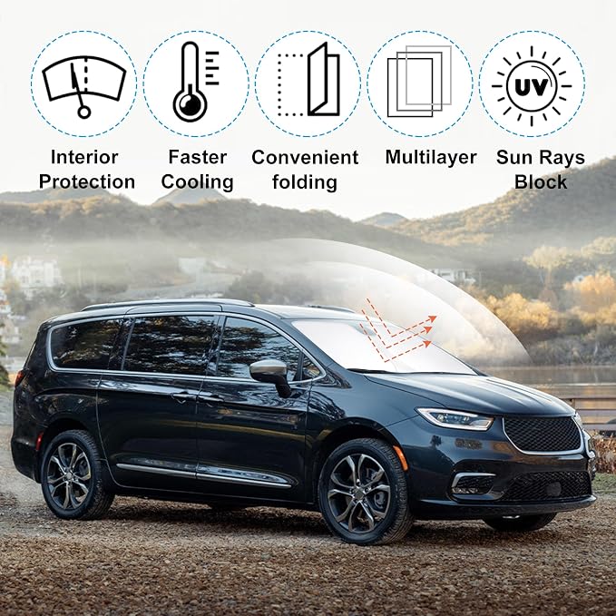 Front Windshield Sun Shade Foldable Car Front Window Sun Shade Windshield Shade Custom Fit for 2017-2025 2026 Chrysler Pacifica Minivan Block UV Rays Heat Keep Cooler - Image 3