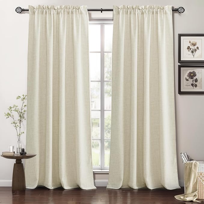 RYB HOME Living Room and Dining Room Curtains 108 inches Long | Light Filtering, Weave Textured/Rod Pocket, Cream Colored, W52 x L108, 2 Panels Set by RYBHOME