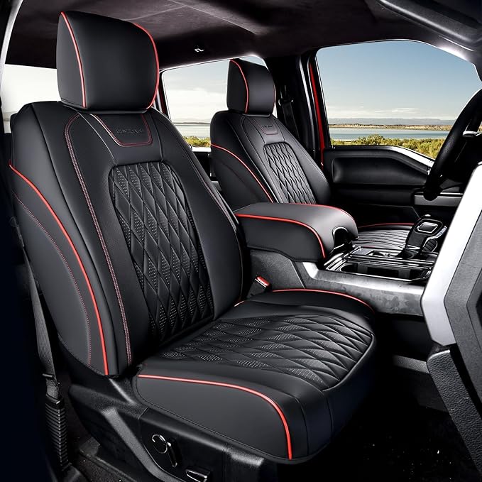 Coverado Leather Seat Covers Full Set for Ford F150F250F350F450(2015-2026)Waterproof Automotive Cushion Covers for Pick-Up Trucks Custom Fit for F150 SuperCrew&F250–F450 Super Duty Crew Cab(Red Line) - Image 2