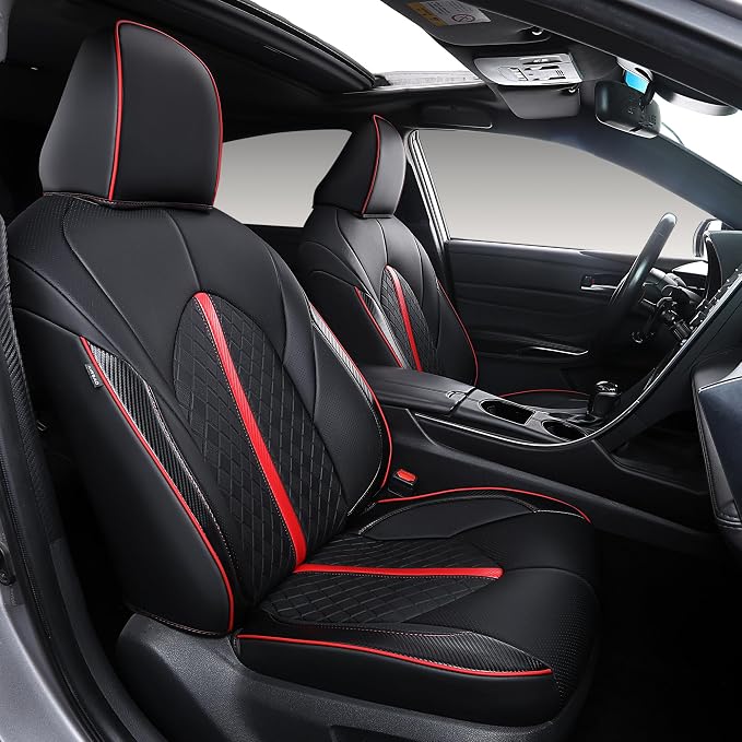 Custom Camry Seat Covers for 2018-2024 Toyota Camry Gasoline - Black+Red | Waterproof Faux Leather Full Coverage, Car Seat Protectors Full Set, Fit Toyota Camry LE SE SE Nightshade, Airbag Compatible by Ourplot