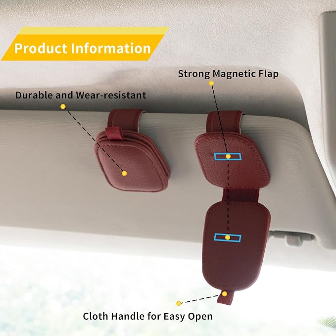 Yuoyar Magnetic Leather Sunglasses Holder for Car, 2 Packs (Red) | Magnetic Car Visor Accessories - Image 4
