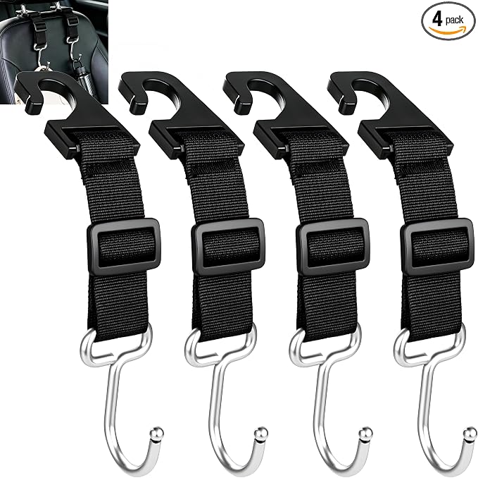 Amooca 4 Pack Car Headrest Hooks, Adjustable Heavy Duty Metal Back Seat Hanger, Auto Purse Bag Holder for Vehicle Headrest by Amooca