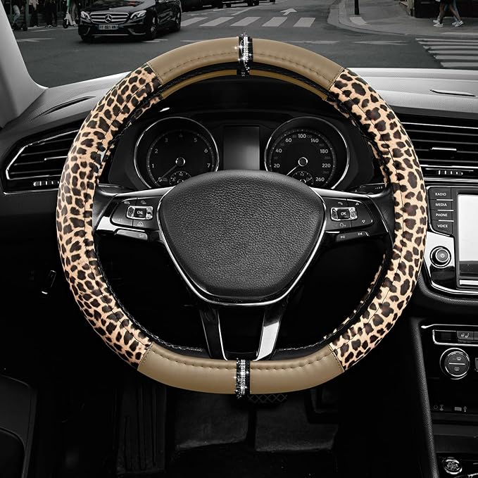Road Comforts Leopard Steering Wheel Cover for Women, Cute Anti-Slip Microfiber Leather, Fits D Shape Flat Bottom Steering Wheel 14.5-15 Inch - Beige by RoadComforts