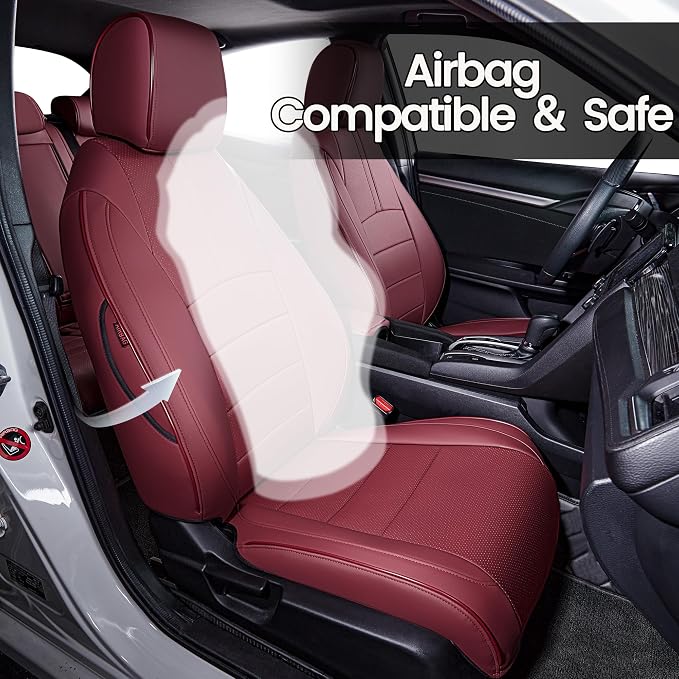 HKZ Custom Fit Civic Seat Covers for Honda Civic Sedan 2016 2017 2018 2019 2020 2021 EX,EX-L,EX-T,Touring,LX-P,Sport - 5-Seats Leather Full Set,Wine Red - Image 6