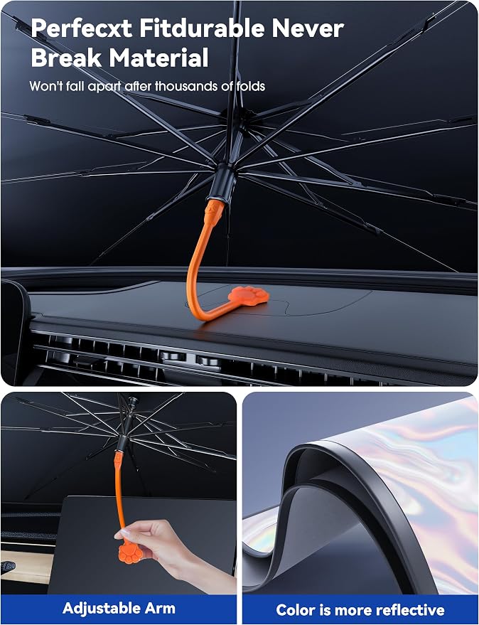 helloleiboo Car Windshield Sun Shade Umbrella, 360° Rotating Foldable | Reflective Polyester, Heat Blocking, UV Protection, 360° Rotating Design, Foldable Storage, Fits Cars SUVs - Image 3