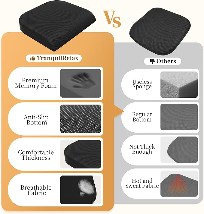 TranquilRelax Memory Foam Seat Cushion for Office Chair, 3-Inch, Black | Medium-firm Support for Long Sitting, Washable Mesh Cover, Non-slip Base, Perfect for Car Seats & Short Drivers - Image 6
