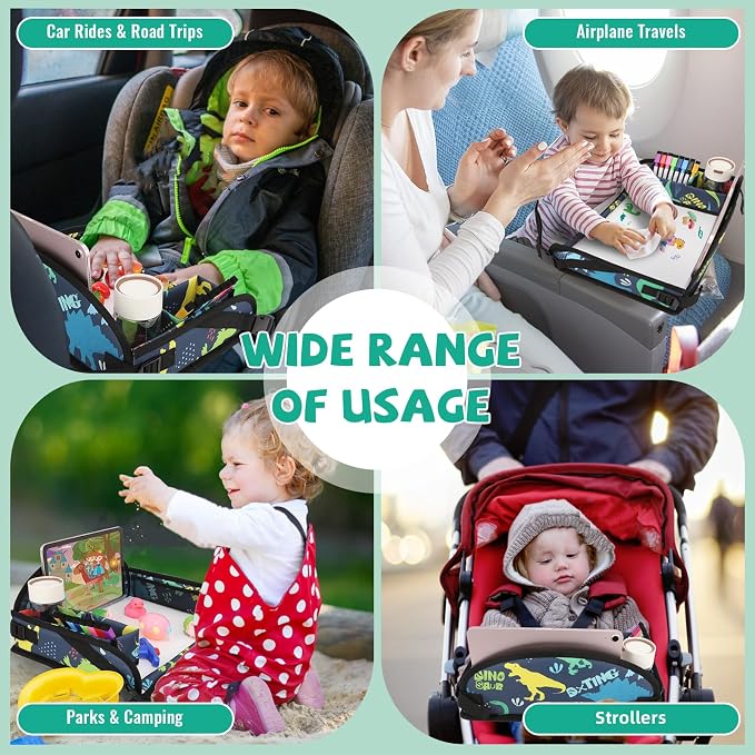 Kids Travel Tray for Airplane - Toddler Car Seat Table Tray, Road Trip Essentials for Boys & Girls, Carseat Lap Desk for Kids Road Trip Activities, Dinosaur - Image 3