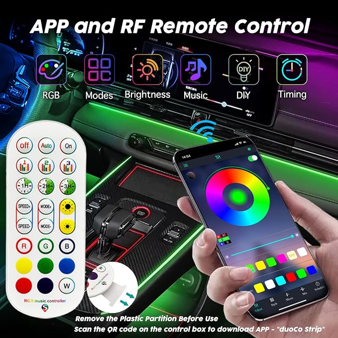 USB Car LED Lights, Interior Car Lights Strip with APP and RF Remote Control, 2 in 1 Ambient Lighting with 157 inches Fiber Optic Music Sync Simple Installation EL Wire Lights (2 in 1/157 inches) - Image 5